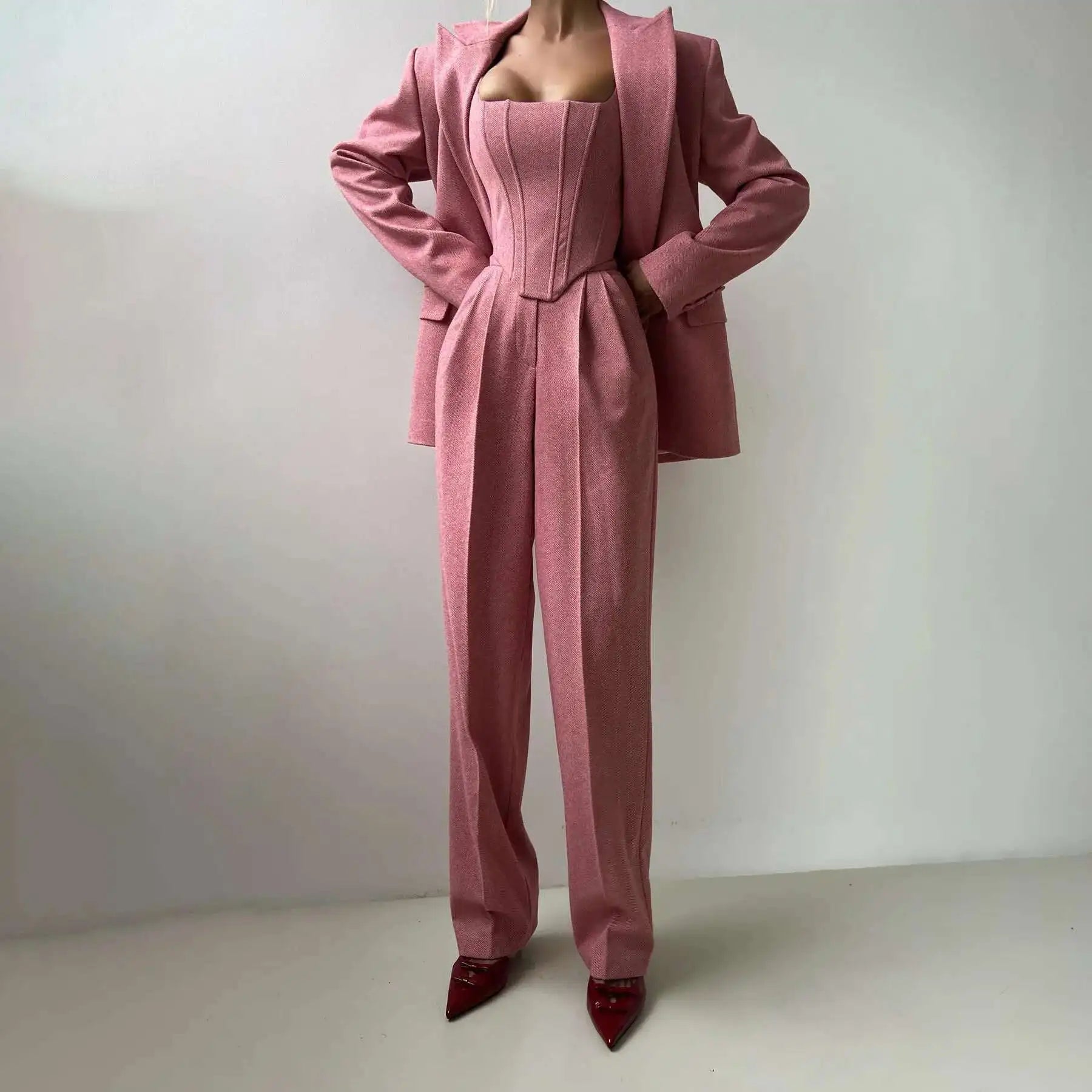 [Vibe] Women's Blazer Three Piece Solid Slim Vest Loose Blazer High Waist Pants Suit Streetwear Casual Female Pants Suit