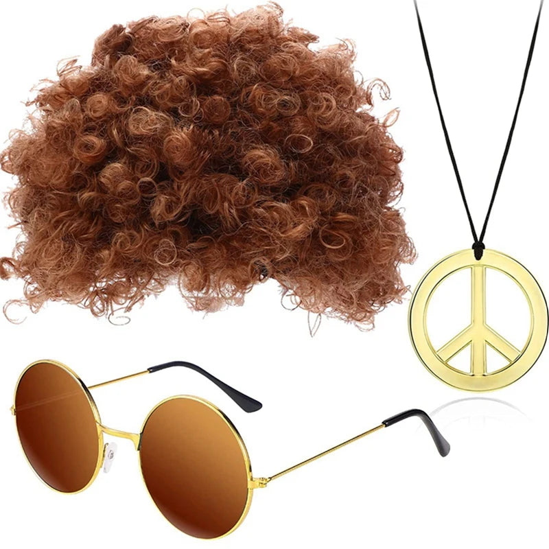 Perruque Synthétique Homme Chapeau Cheveux Bouclés Casquette Lunettes de Soleil Collier Set 3 Pièces Drôle Années 70 Disco Hippie Accessoires Cheveux Fête Costume de Danse Hip Hop