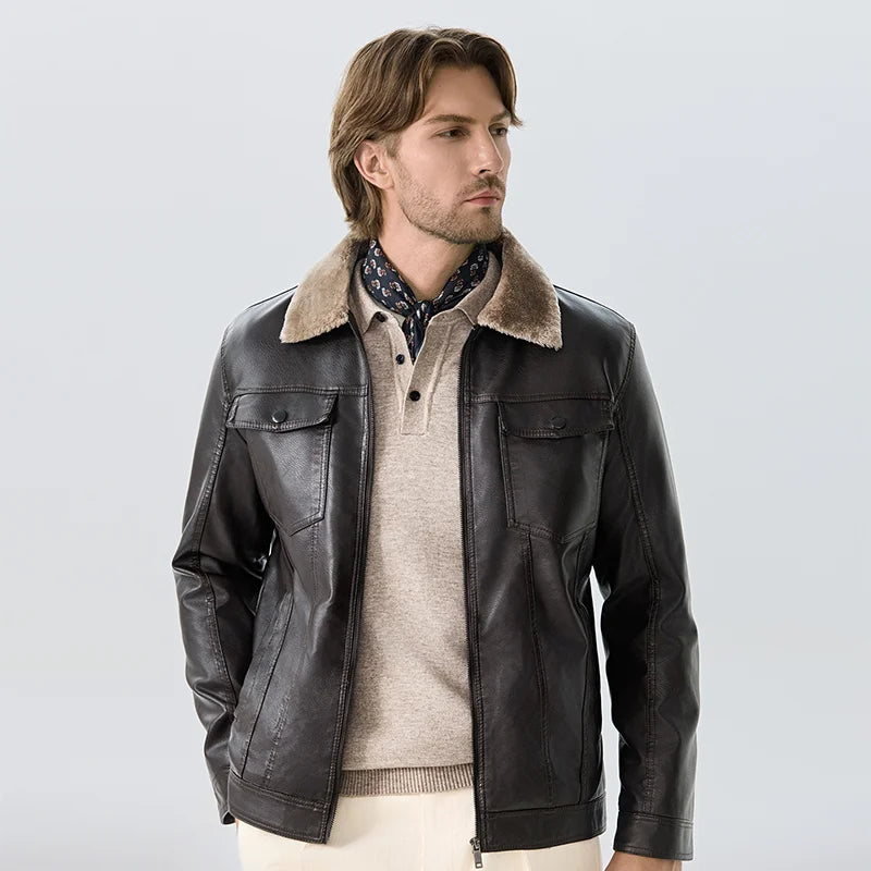 Veste en cuir doublée de fourrure pour homme