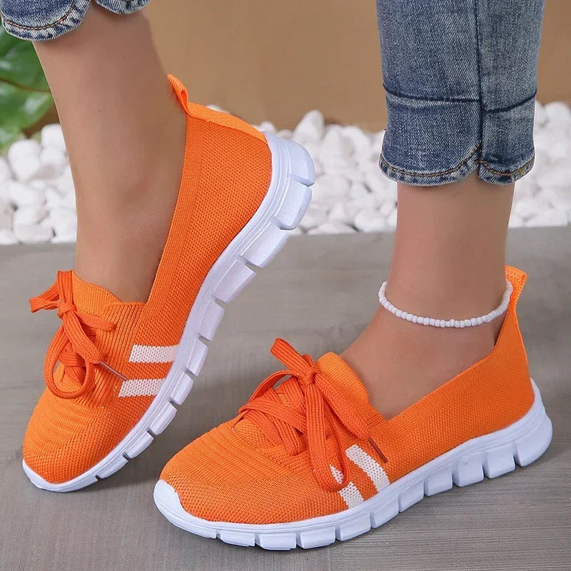 Zapatos planos de punto transpirables a rayas para mujer, zapatillas informales con cordones de suela blanda, mocasines ligeros antideslizantes de talla grande 43 para mujer