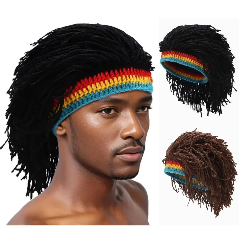 African Men Women Synthetic Wig Hat False Braid Dreadlocks Beanie Cap Handmade Crochet Hat Rasta Jamaica Cosplay Party Headwear