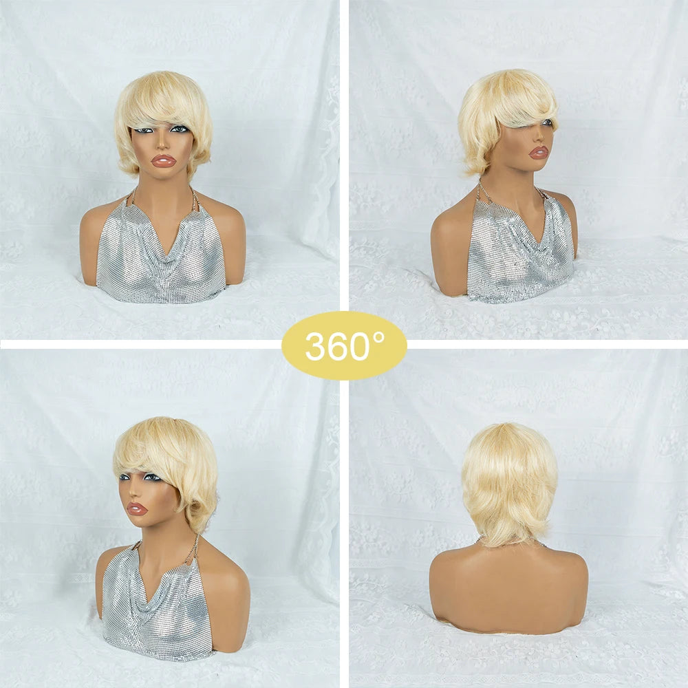 Natural 613 Platinum Blonde Short Layered Pixie Bob Human Hair Wig with Bangs, Lightweight Voluminous Layered Blonde Pixie Bob Wig with Fringe, Full Machine Made Light Yaki Style for Women Daily Wear