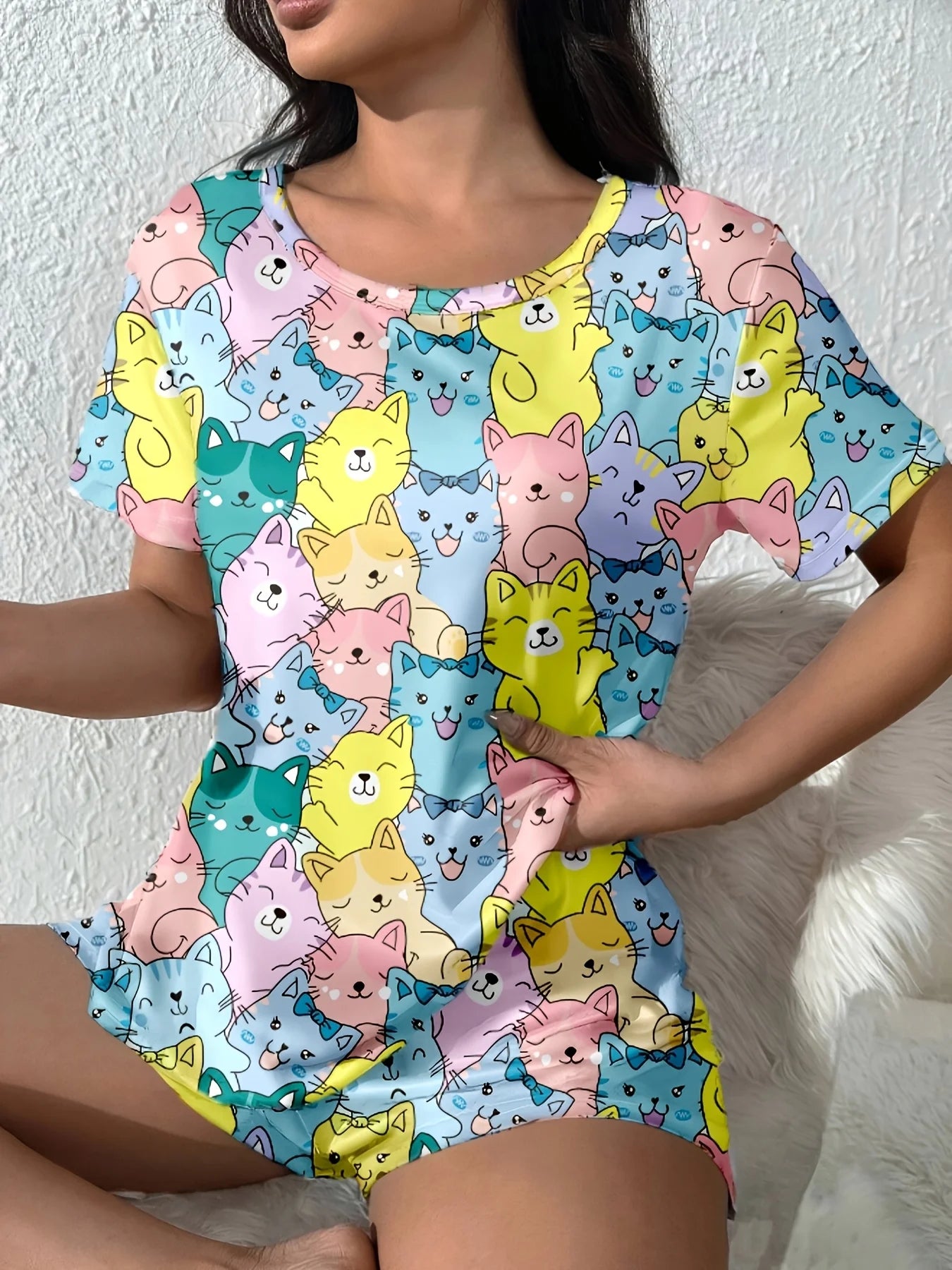 2-Piece Size Women's Summer Pajamas for Women, Casual, Romantic and Cute Printed Pajamas, Short-Sleeved Shorts Set