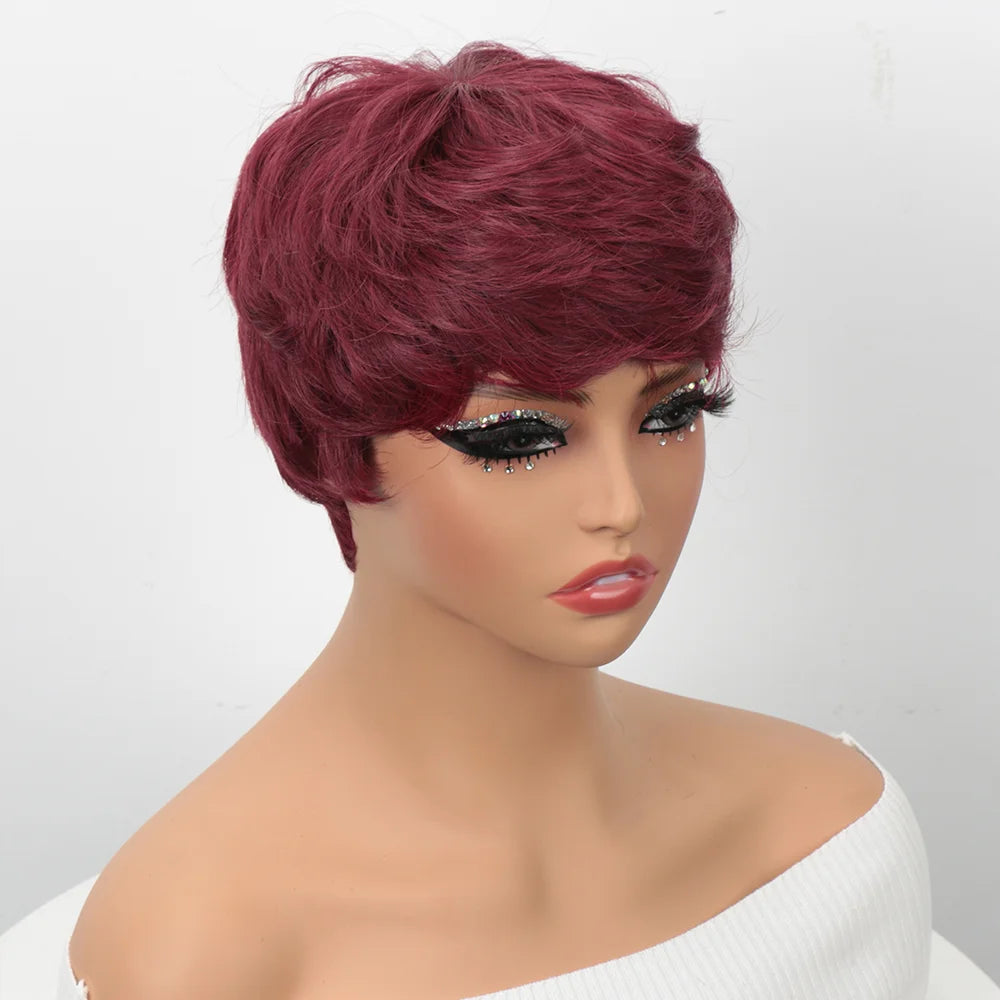 Peluca Bob Corto de Cabello Humano para Mujeres Negras, Pelucas Pixie Cut de Cabello Humano, Peluca Sin Pegamento, Peluca Sin Encaje Frontal con Flequillo, Negro Natural