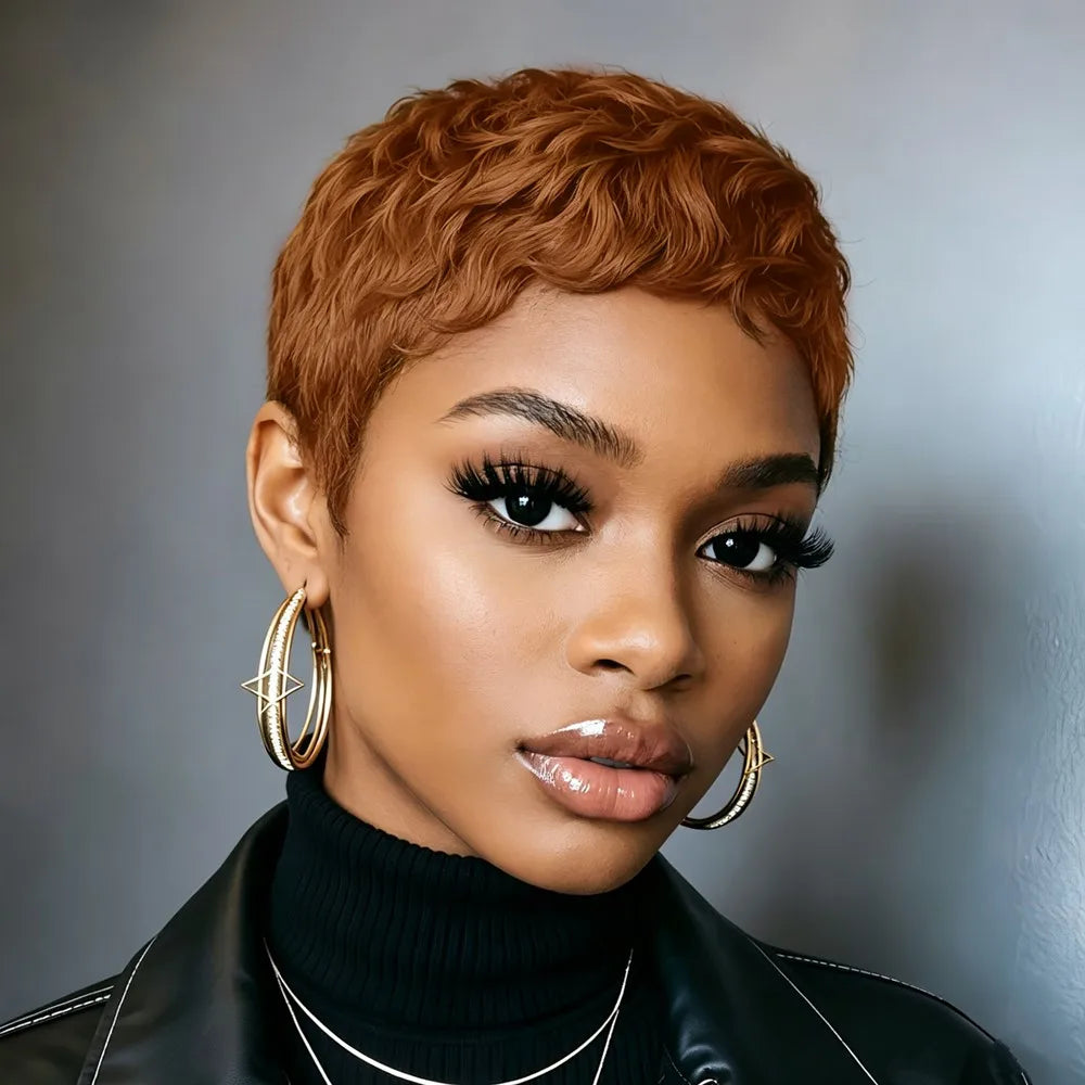 short layered pixie cut human hair wig 4inch summer wig black color 150% density machine made hair wig for women