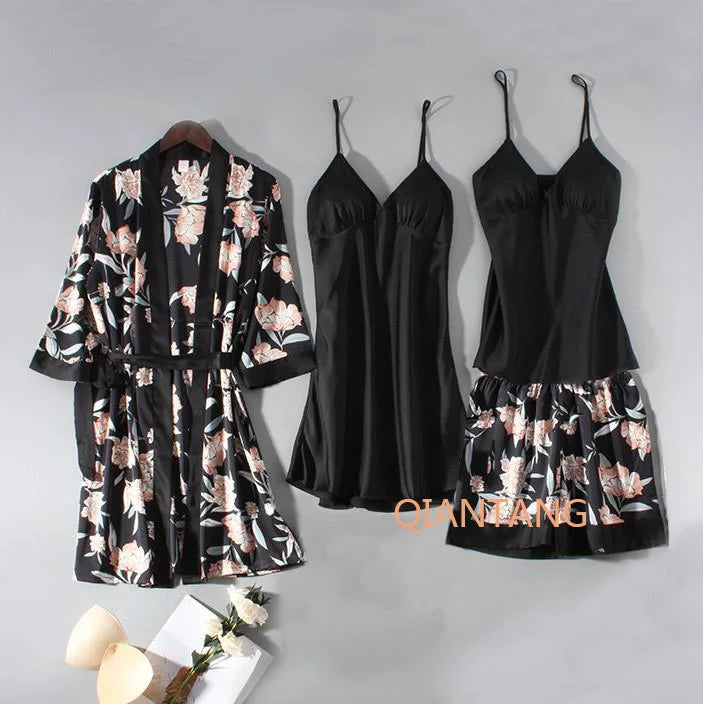 Conjunto de pijama de mujer, ropa de dormir casual, traje de bata de satén, ropa de noche para estar en casa, cuello en V, pijama suave, albornoz kimono, camisón lencería