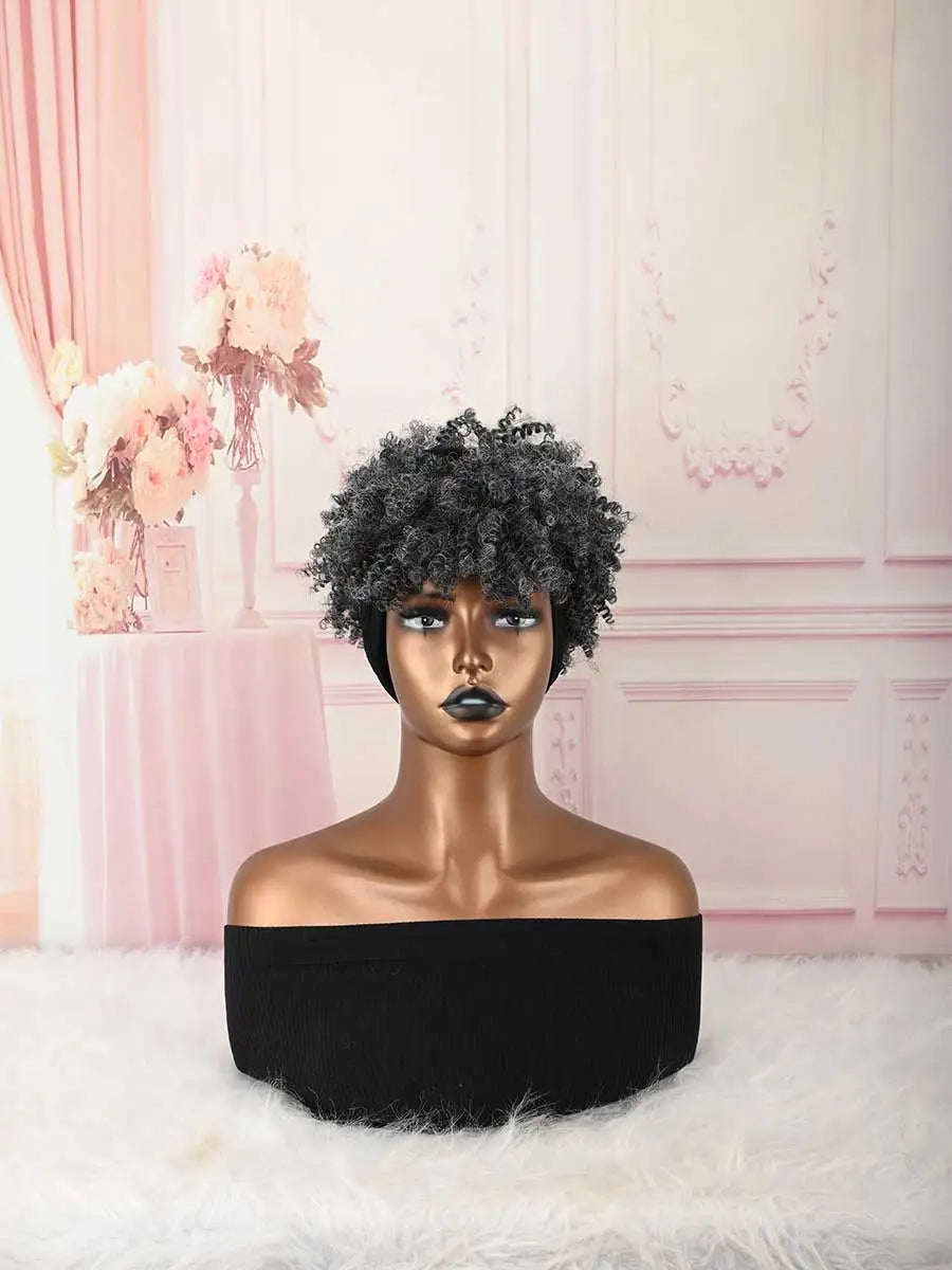 Headband Wig Curly Headband Wig With Bangs For Women Synthetic Afro Curly Hair Wig With Headband Attached Short Kinky Curly Afro High Puff With Bangs Stripes Short Red Curly Wigs with Bangs for Women, Natural Wavy Synthetic H