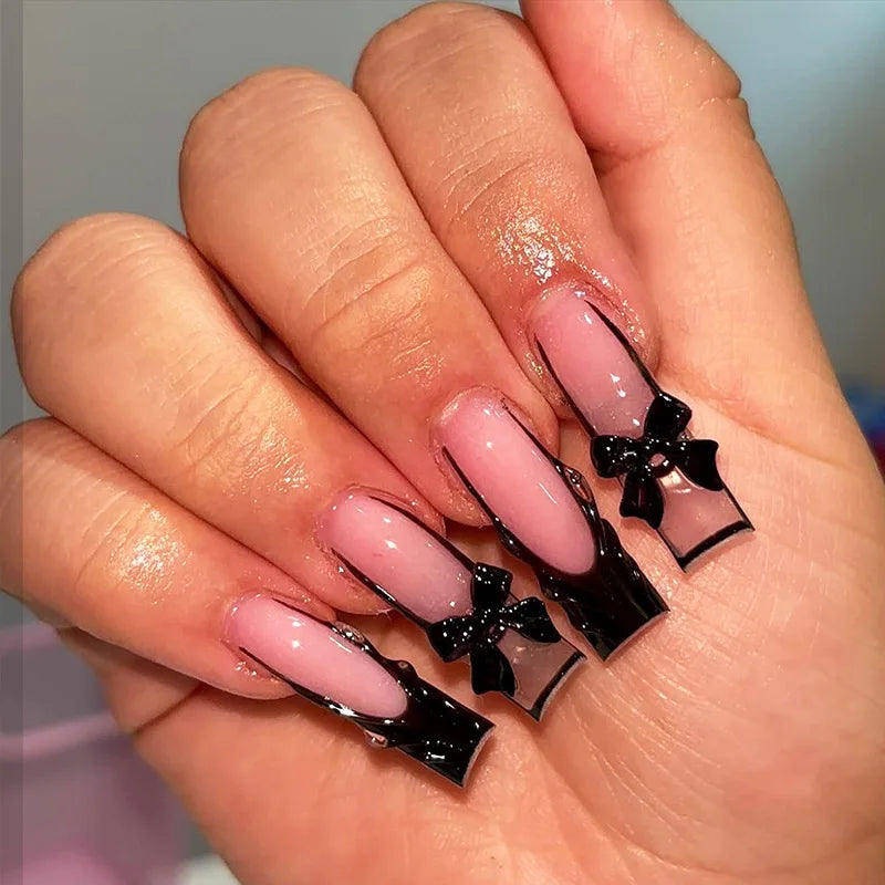 24Pcs Long False Nails Press on Nails Full Cover Butterfly French Coffin Glitter Small Diamonds Wearable Manicure Nail Tips Art