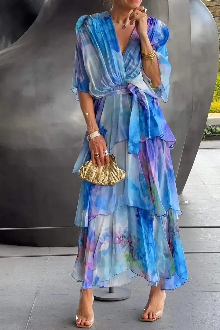 Vestido de mujer con estampado floral, multicapa, cuello en V, manga larga, estilo casual de verano