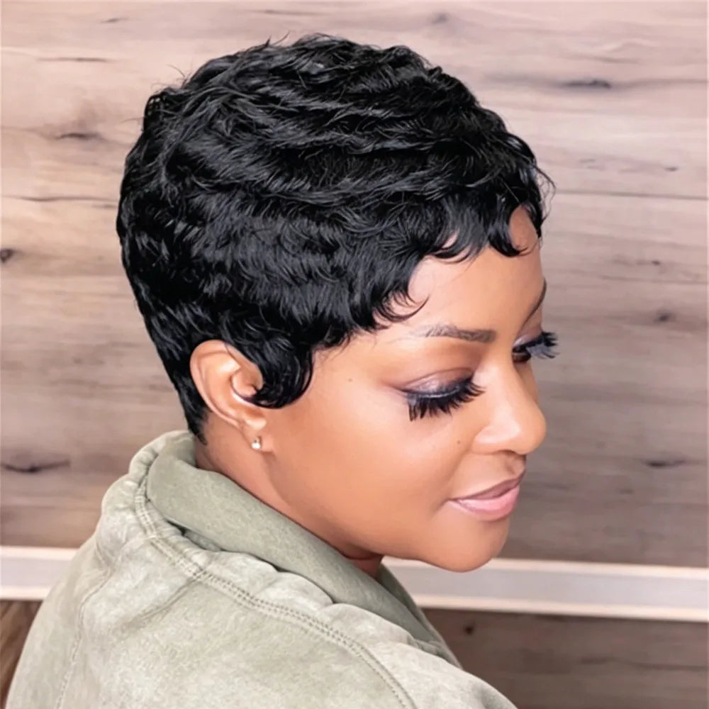 black  pixie cut human hair wig pixie wig 4inch short straight layered 150% density human hair wig machine made