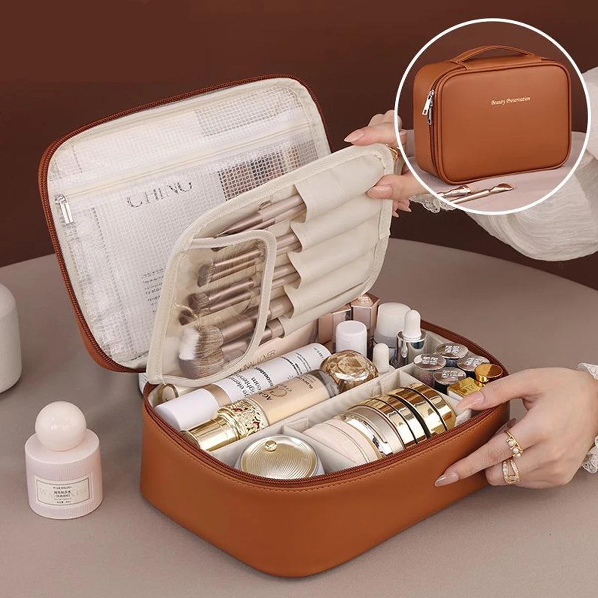 New PU leather makeup bag with large capacity, portable, and high-end outdoor feel, layered and multi-layer waterproof makeup ca