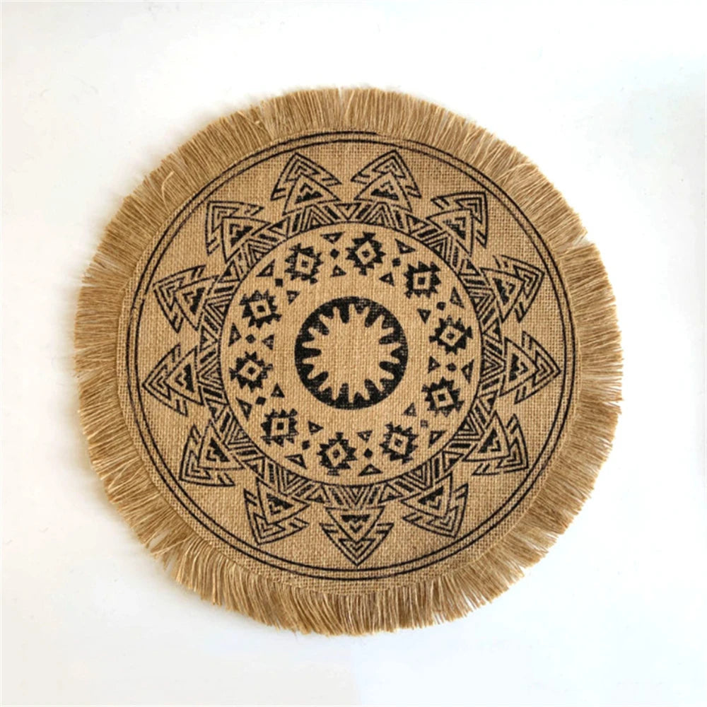 Vintage Pastoral Round Cotton Linen Placemats Handwoven Jute Tassels Placemats Soft Non-slip Table Pads Vase Mats Accessories