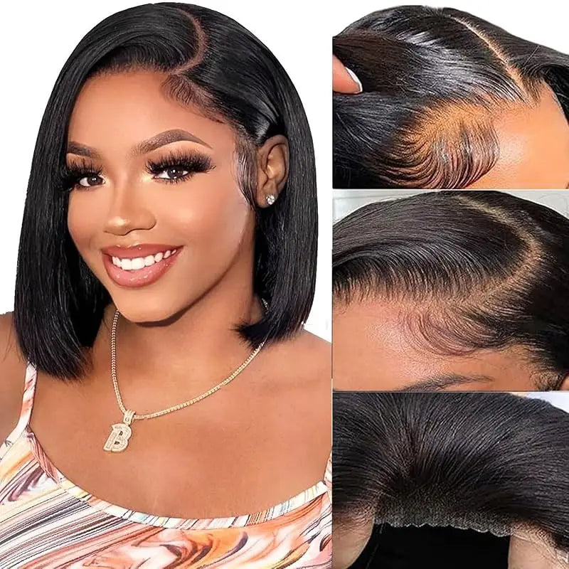 Perruque brésilienne lisse de 30 cm sans colle, style bob, avec dentelle prédécoupée 4x4 pour femme. Perruque HD en cheveux humains avec bordure en dentelle.
