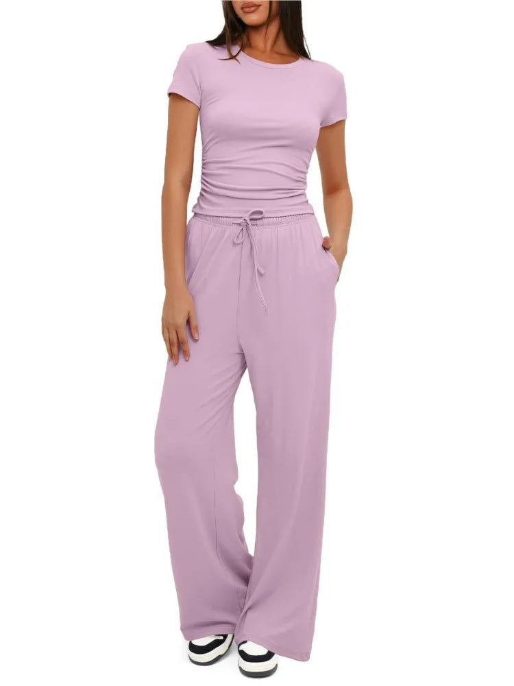 Women's New Two-piece Fashion Set With Pleated Short Sleeved Top For Casual Comfort High Waisted Long Wide Leg Pants Sportswear