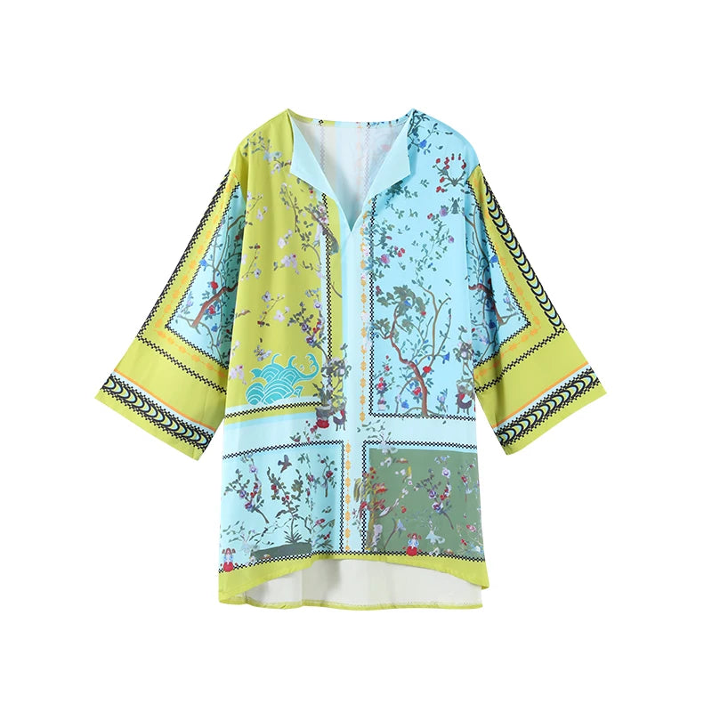 Conjunto de pantalones largos estampados para mujer, elegante camisa de manga larga con cuello en V, pantalón ancho holgado, traje de verano de 2 piezas para mujer, estilo urbano