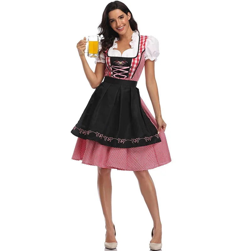 Lady Dirndl Oktoberfest Dress Women Costume Bavarian National Pink Plaid Clubwear Cosplay Halloween Carnival Fancy Party