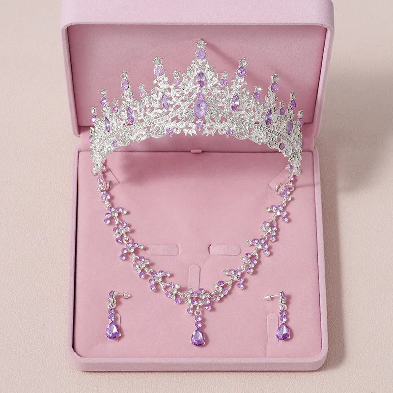 Bridal Jewelry Sets Crown Necklace Earrings Four Pack Silver Colour Women's Fashion Wedding Tiaras(excluding boxes)