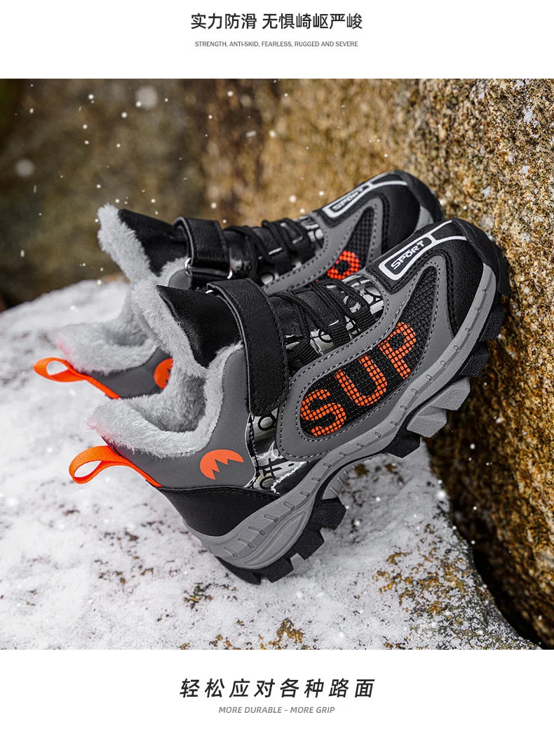 Winter Plus Velvet Hiking Shoes For Kids Non-slip Platform High Top Sports Shoes Boys Outdoor Warm Plush Children's Sneakers