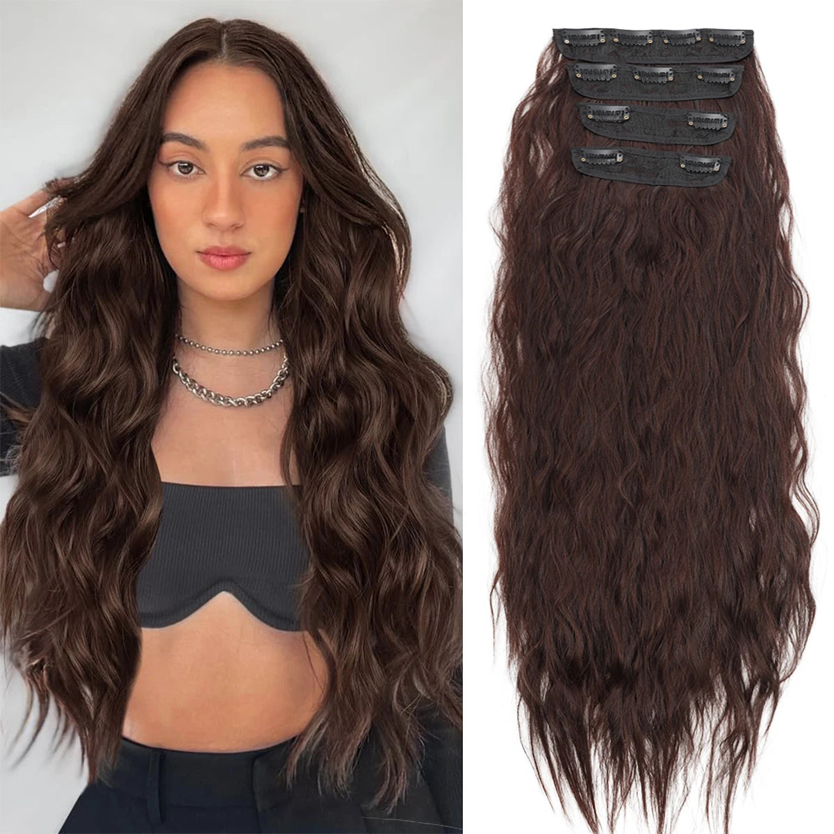 Natural Long Wavy Synthetic Hair Extension 18-32 inches Black 4pcs Hairpiece Fiber Double Weft Hair For Women Hair Accessories