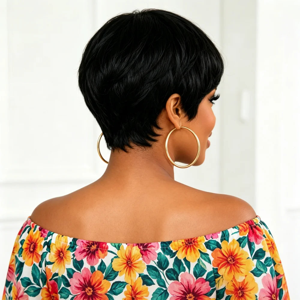 Soft Layered Natural Black Short Pixie Human Hair Wig Full Machine Made Human Hair Wig With Side Fringe For Ladies