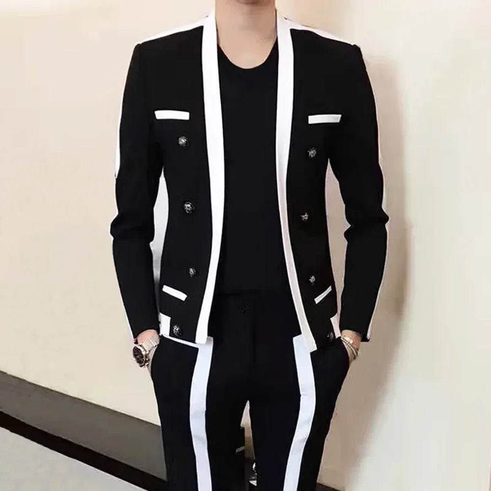 Men Suits Fashion Long Sleeves Black and White Blazer with Pants Chic Business Casual Daily Formal Male Suit Two Pieces