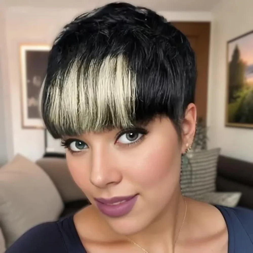 Peluca pixie negra, color rubio, para mujer, uso diario en fiestas, peluca de corte pixie, peluca corta de cabello humano lacio, hecha a máquina