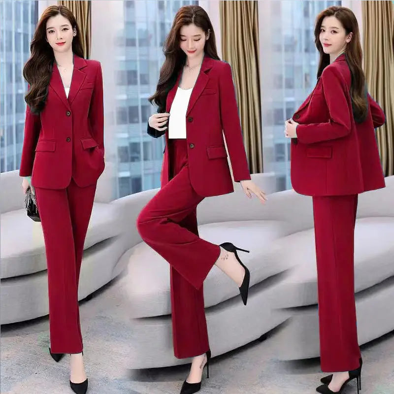 Women's Fashion Professional Suit Korean Elegant Spring Autumn New Casual Blazers Coat + Pants Two-piece Set Femlae Clothing