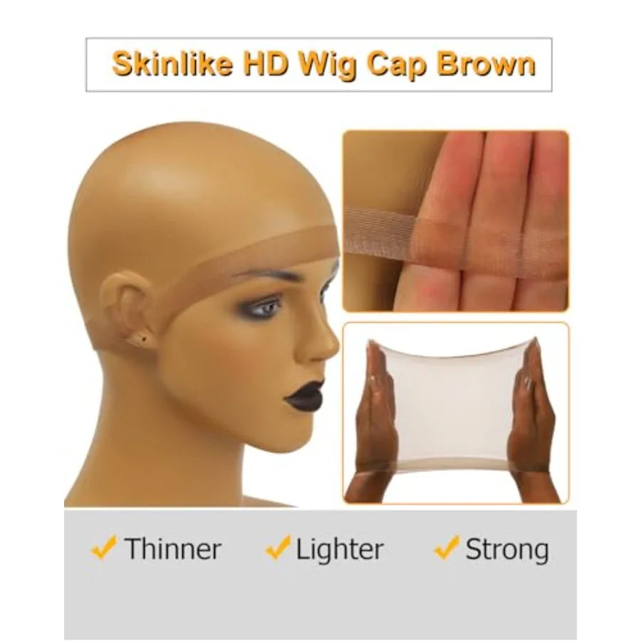Brown SKINLIKE HD Wig Cap, 12 Pieces Ultra-thin Invisible Wig Caps for Women, Breathable Stretchy Stocking HD Caps for Lace Fro