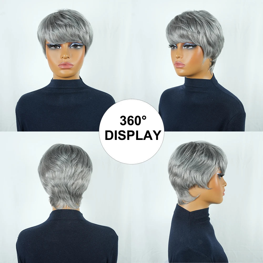Short Pixie Cut Wig Silver Gray Straight Human Hair Wigs Bazilian Hair with Bangs for Women Machine Made 100% Human Hair Wigs