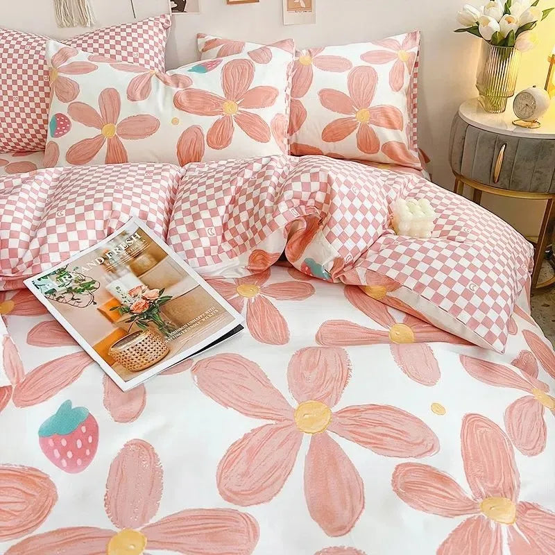 Juego de ropa de cama Kawaii para niños y adultos, sábana encimera, funda de edredón, funda de almohada, tamaño individual, doble, completo, ropa de cama floral de cerezo, textil para el hogar