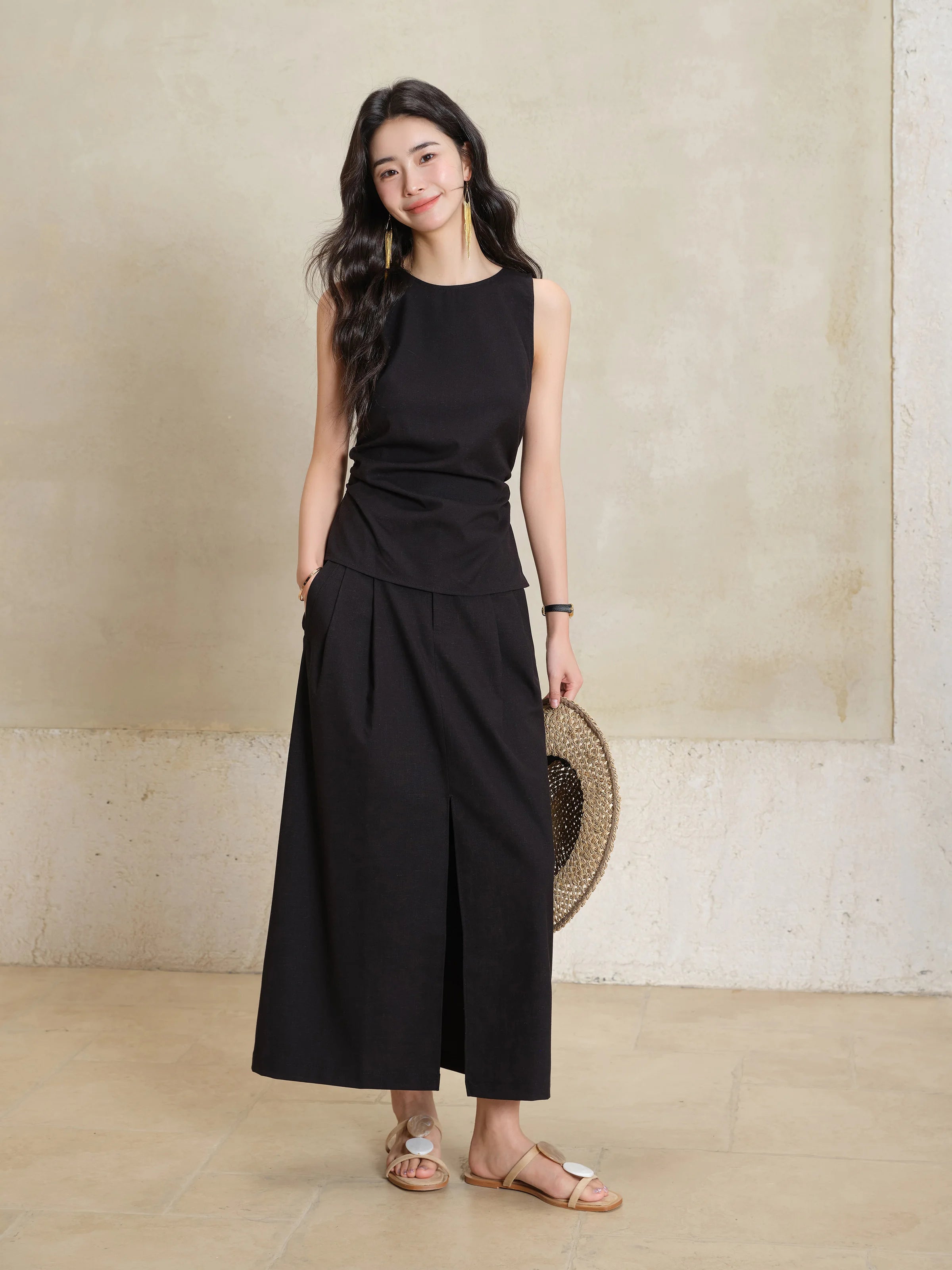 Black Sleeveless Top Skirt Set Women Petite Slim Fit Shirt Split Hem Straight Maxi Skirt Summer Two Piece  Elegant Matching Set