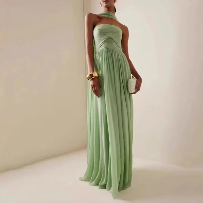 Women Sexy Fashion Backless Pleated Dresses Elegant Simple Casual Green Waist Chiffon Chic Evening Gown New Women Clothing