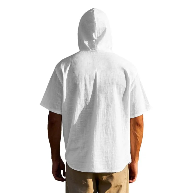 Men's Short Sleeve Shirt Cotton Linen Solid Color Shirts Men Hooded Casual Shirt Man Single Breasted Tops Men Breathable Shirt