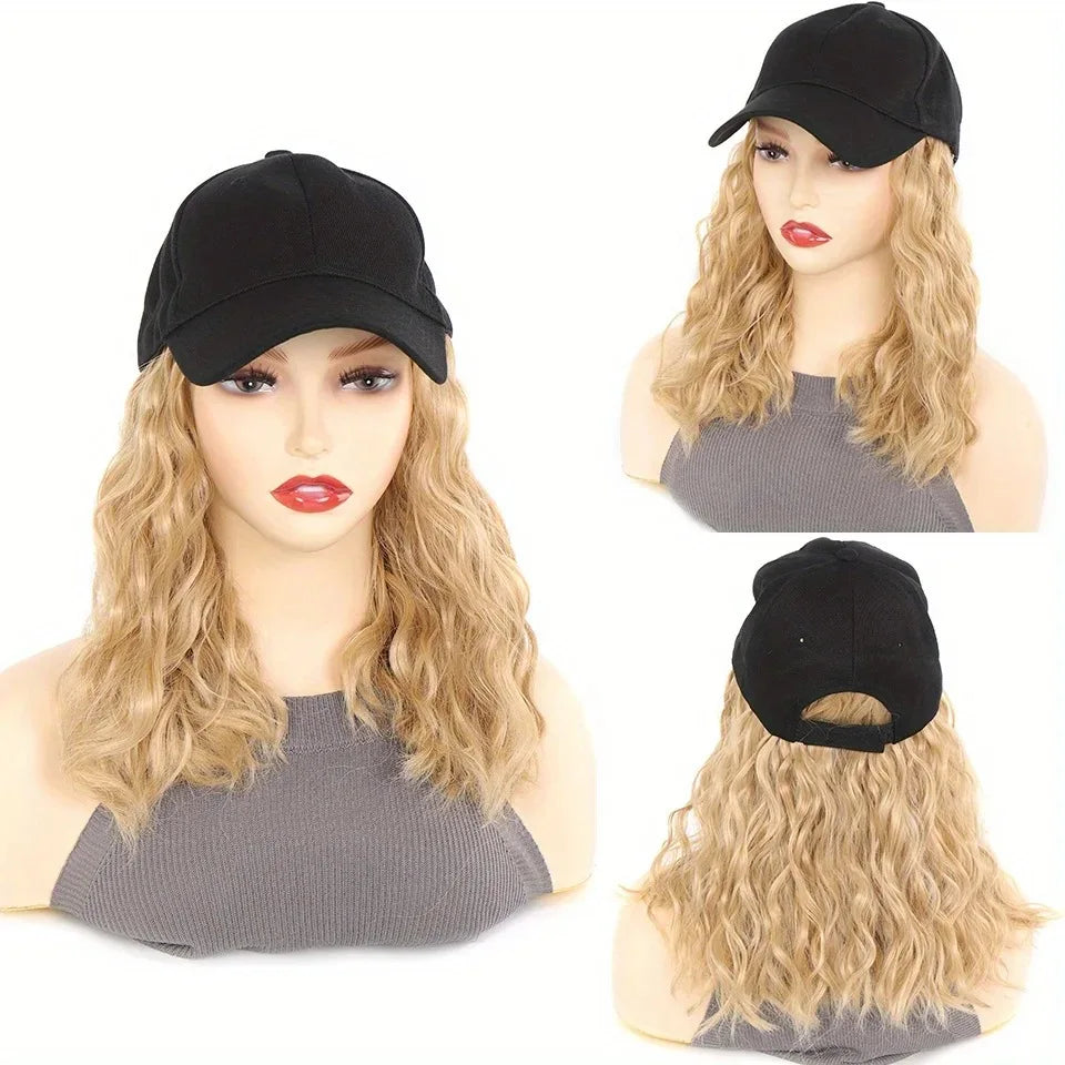 Hat Wig for Women, Short Wave Baseball Cap Wig with Curly Synthetic Hair Extensions, Adjustable Brown Black Baseball Hat Wig