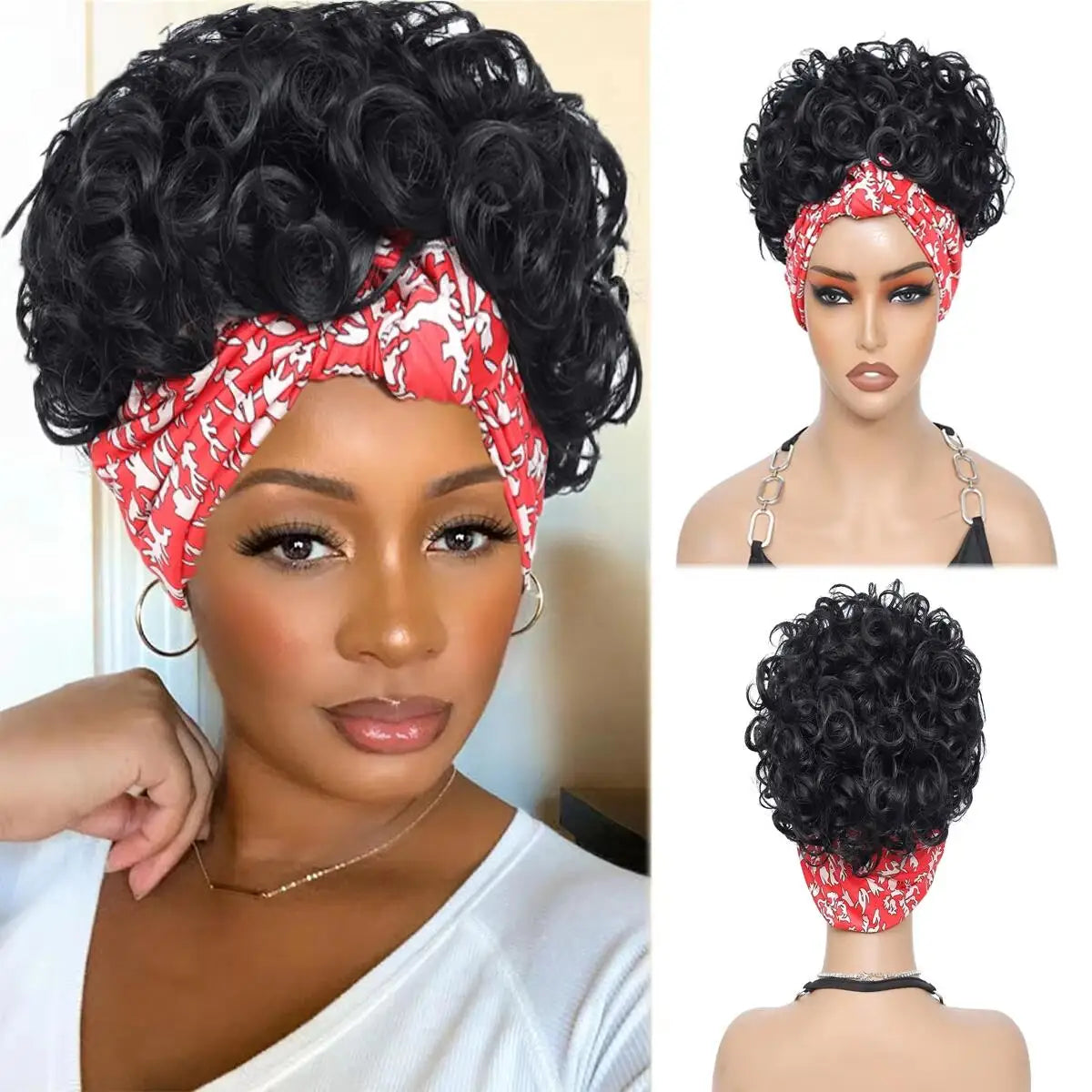 women's curly wig, made with African short ribbons and curly ribbons, black synthetic wig without curly bangs