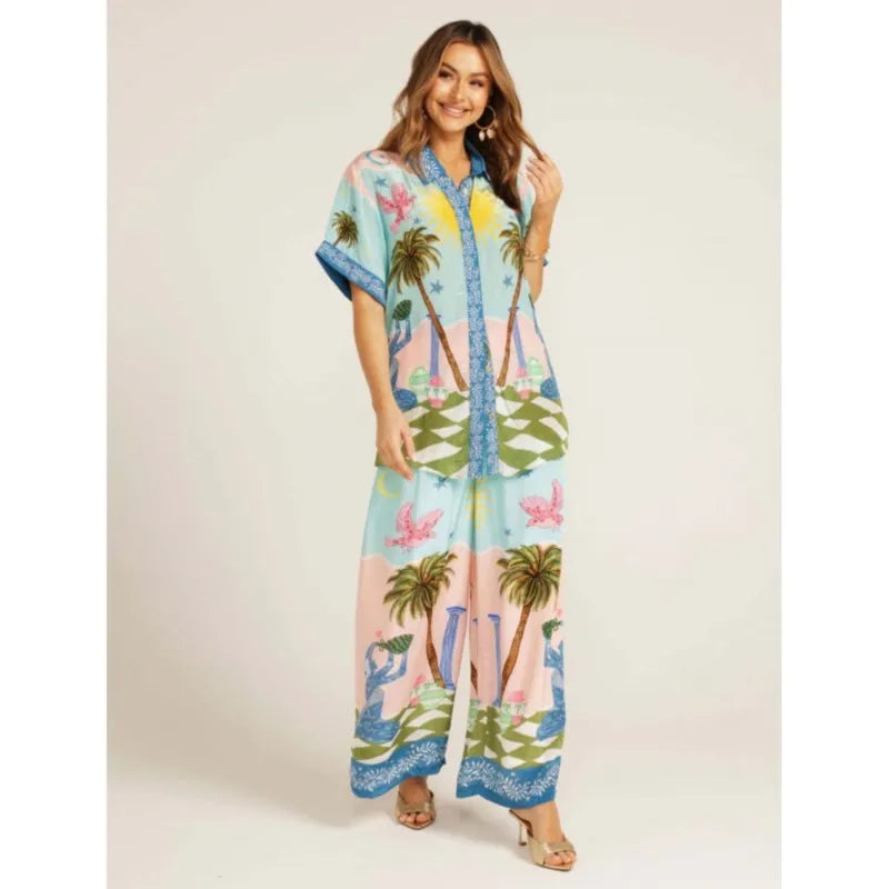 Pants Sets For Women Summer Fashion Printed Half Sleeve Shirt Suits Casual Loose High Waisted Female Wide Leg Pants Outfits