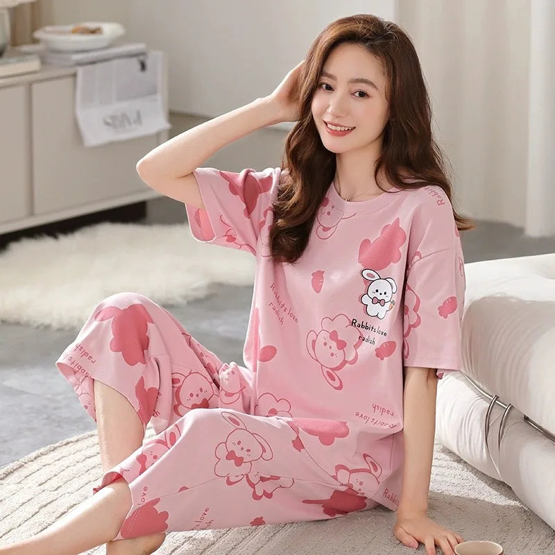 Women Pajamas Tops and Pants Girl Nightwear Homewear Set Round Neck Striped Cartoon Animals Patteen Ladies Sleepwear Loungewear