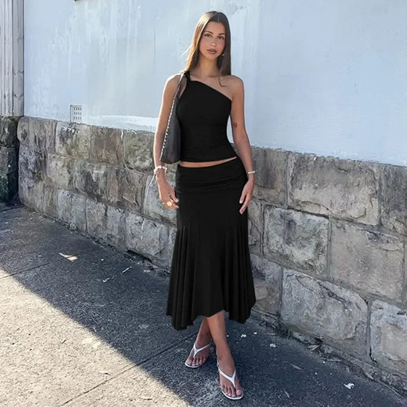 Fashion Pleated 2 Piece-Set Long Skirt For Women Off-Shoulder Cropped Pullover Top And Slim Long Skirt Sets Female Outfits