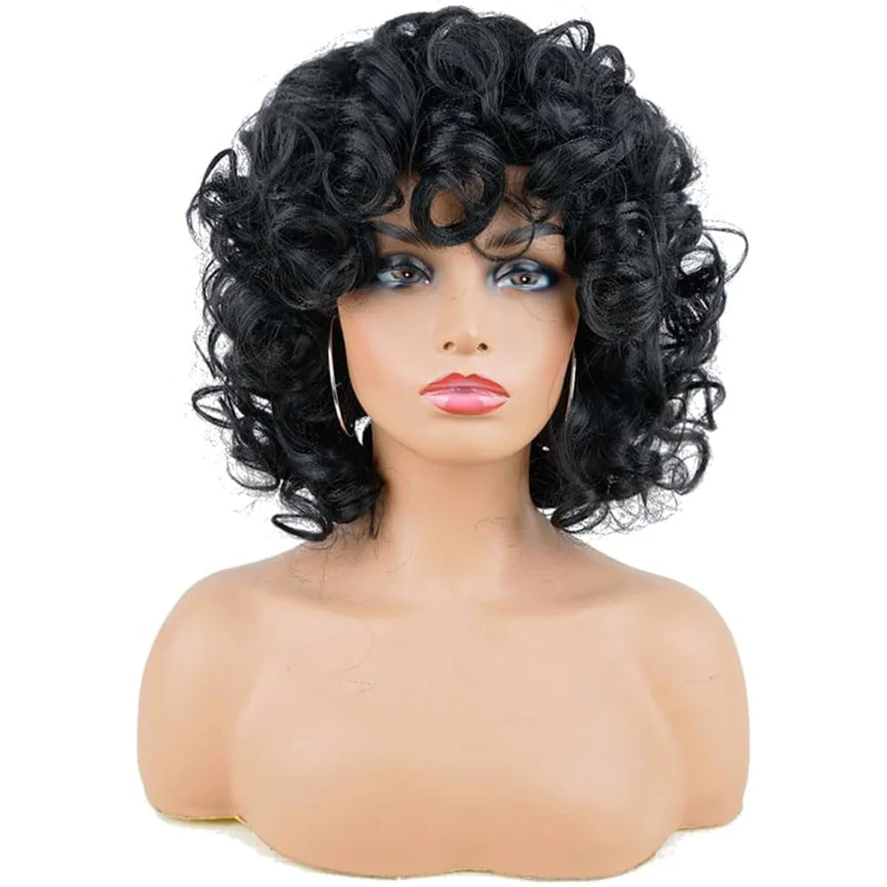 Big Curly Wigs For Black Women, Synthetic Loose Curly Wigs With Bangs, 14 Inch Black Natural Bob Wigs For Women