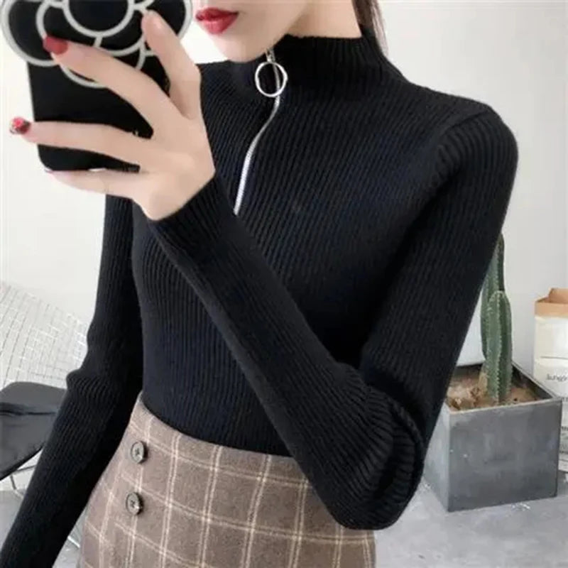 Suéter de punto para mujer con cremallera, cuello medio alto, jerséis de otoño e invierno, suéteres básicos de mujer, prendas de punto ajustadas, tops de mujer