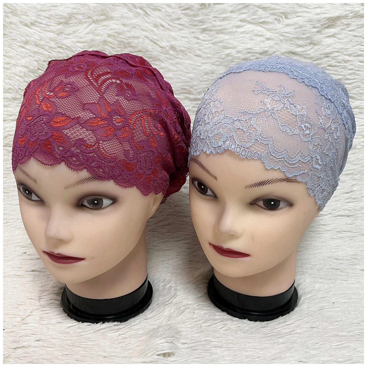 Elastic Design Lace Hollow Out Flannel Hat Women's Cap Forehead Cross Muslim Base Scarf Indian National Style Pearl Headdress