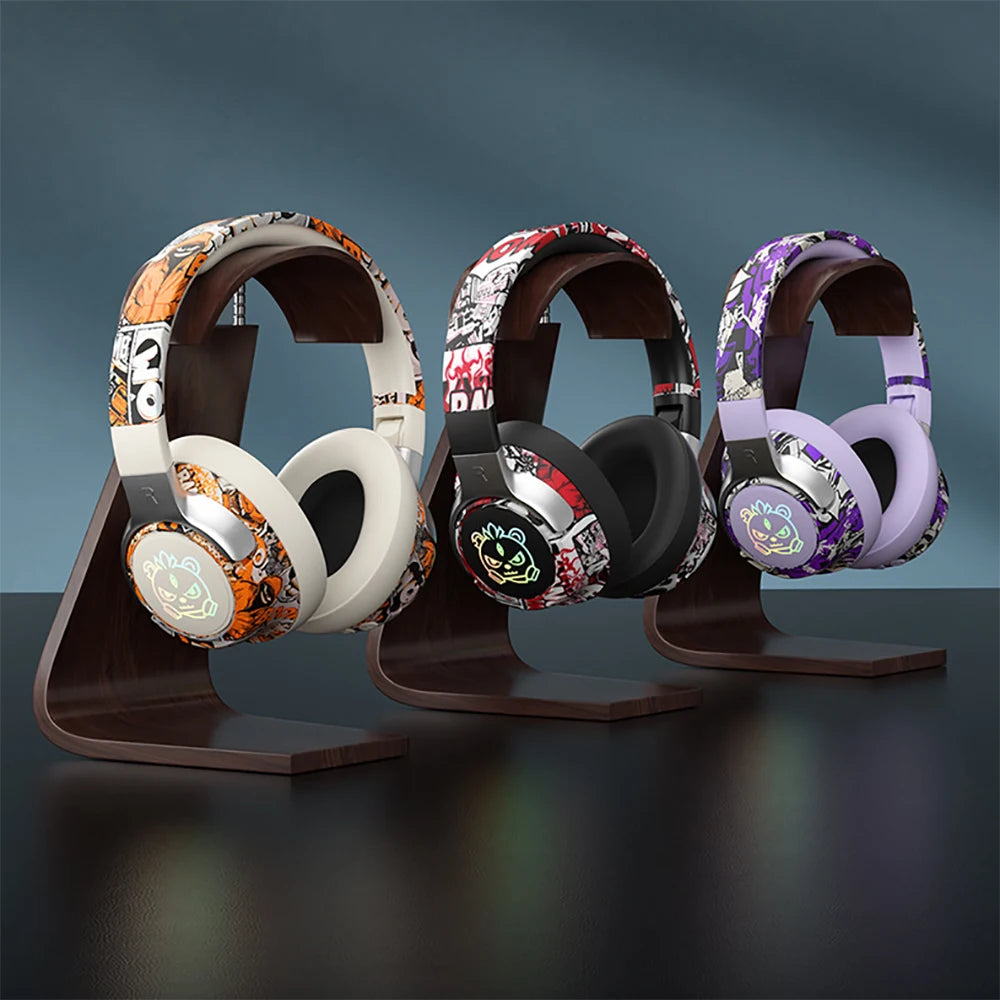 Bluetooth 5.3 Gaming Headset- RGB Lights Wireless Headphones, Low Latency Mode, Noise Cancelling Mic, Comfort Earmuffs for PC