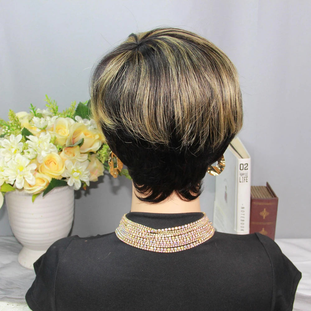 Highlight Blonde Wigs Colored Light Brown Pixie Cut Wigs Human Hair 100% Short Wigs Human Hair Full Machine Wigs Glueless Wigs Human Hair