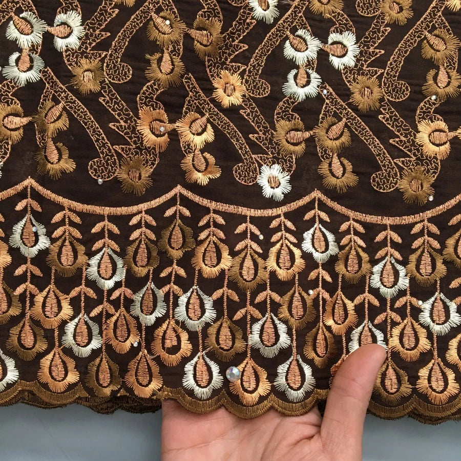 Kalume Swiss Voile Embroidery Lace Fabric 5Yards Cotton Lace with Rhinestones Nigerian for Sew Ladies Wedding Dress F4209