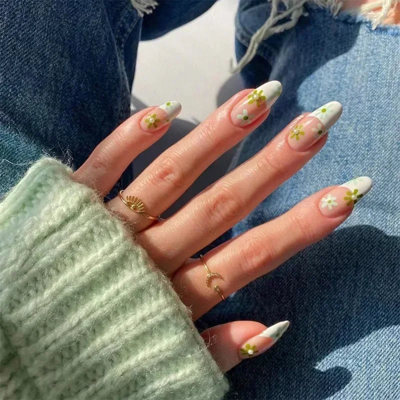 French Press on Fake Nails with Flowers Designs Summer Blue Short Almond False Nails Wearable French Full Cover Press on Nails