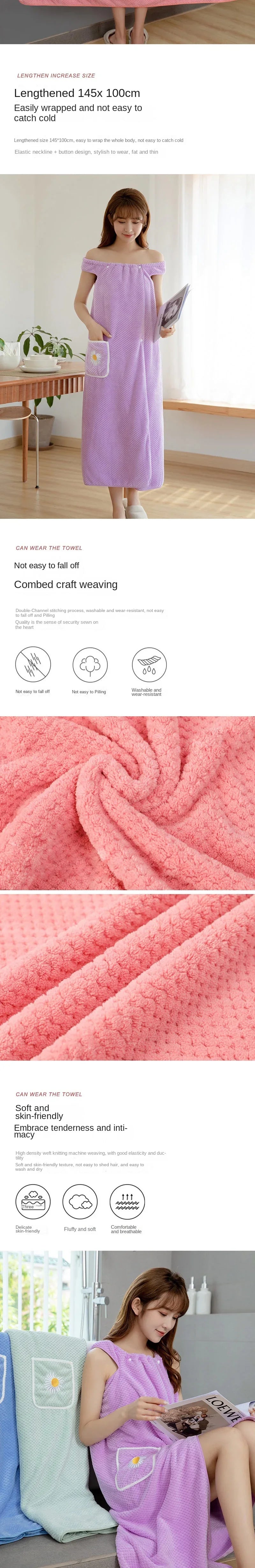 Toalla de baño para el hogar, para mujer, usable, para adultos, absorbe el agua, de poliéster, para secar el cabello, estilo falda larga, albornoz lavable para el baño