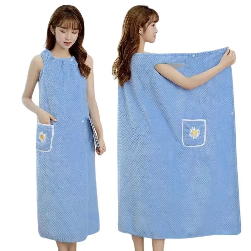 Toalla de baño para el hogar, para mujer, usable, para adultos, absorbe el agua, de poliéster, para secar el cabello, estilo falda larga, albornoz lavable para el baño