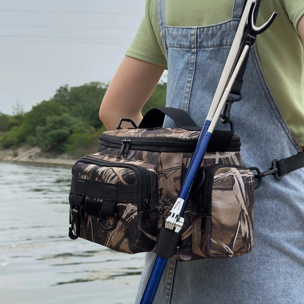 Mochila de pesca, caja de señuelos, bolsa de almacenamiento de aparejos, riñonera para hombres, mochila de pesca con mosca con soporte para caña, bolsa de hombro.