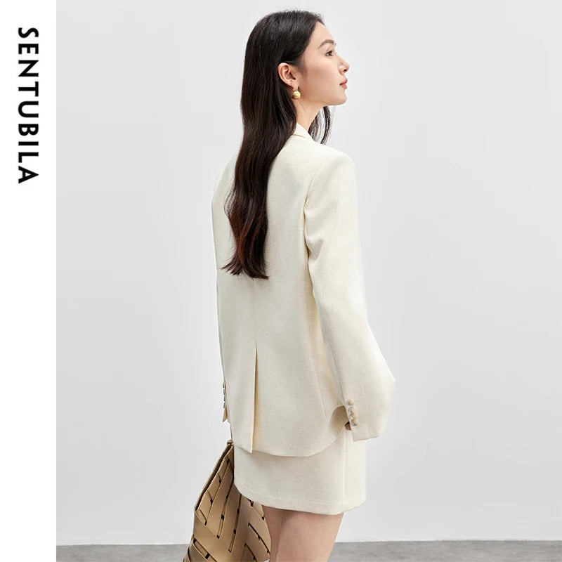 SENTUBILA Womens Skirt Suits Linen Blend Shoulder-pads Single Button  Blazer Solid Elegant Mini Skirts Two Piece Sets 151Z58181