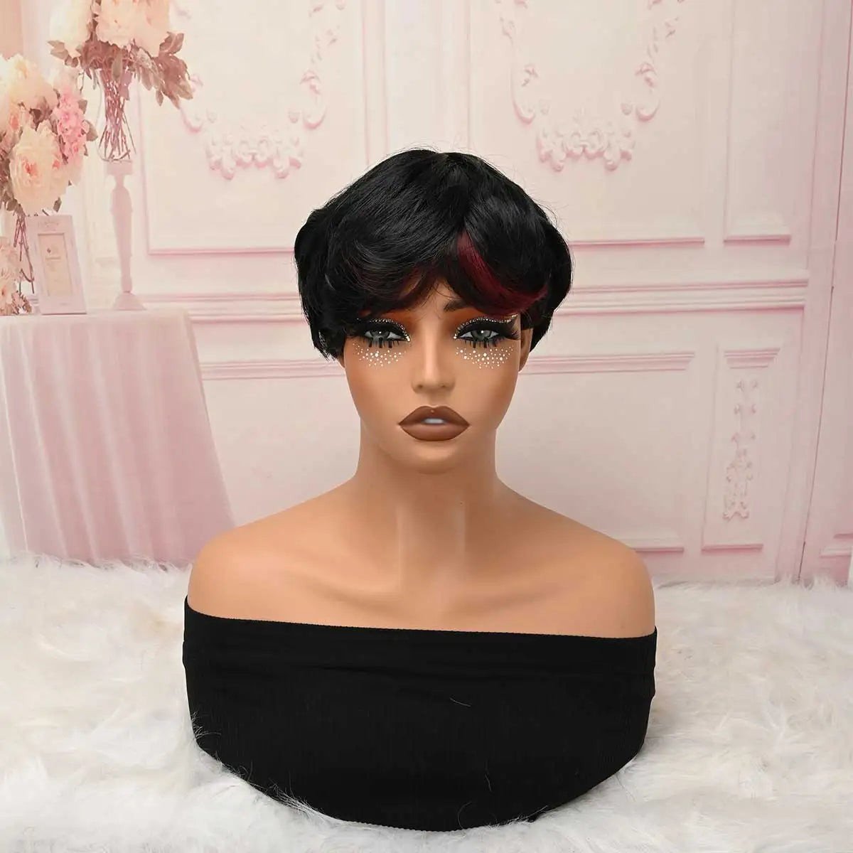 Black Short Pixie Cut Synthetic Wig with Burgundy Highlight Bangs, Heat Resistant Glueless Wear‑and‑Go Wig for Women